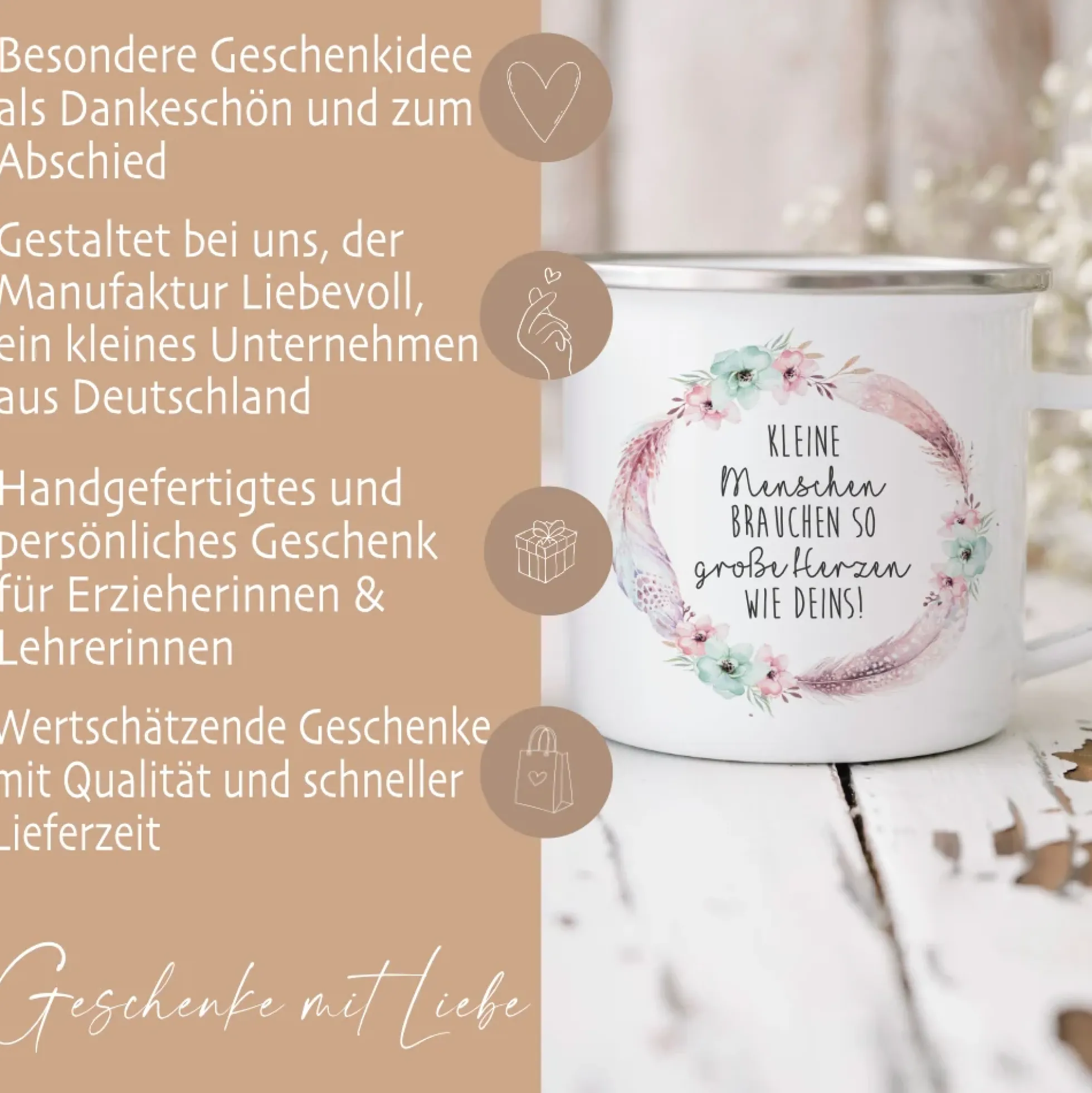 Tasse mit Spruch "Kleine Menschen brauchen so große Herzen" | Besondere Geschenkidee u. schönes Geschenk für Erzieherinnen, Lehrerinnen, Hebammen u. Krankenschwestern | Persönliches Dankeschön u. originelles Abschiedsgeschenk