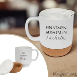 Tasse mit Spruch "Was für ein wunderschöner Scheisstag" Kaffeetasse "Einatmen Ausatmen Lächeln" Becher mit Kork Deckel