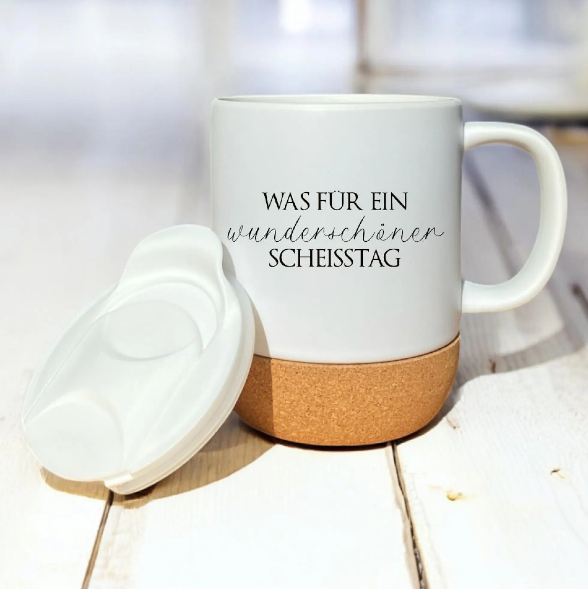 Tasse mit Spruch "Was für ein wunderschöner Scheisstag" Kaffeetasse "Einatmen Ausatmen Lächeln" Becher mit Kork Deckel