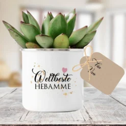 Tasse "Weltbeste Hebamme" | Dankeschön Geschenk | Emailletasse mit Geschenkanhänger | 12 Motivvarianten zur Auswahl