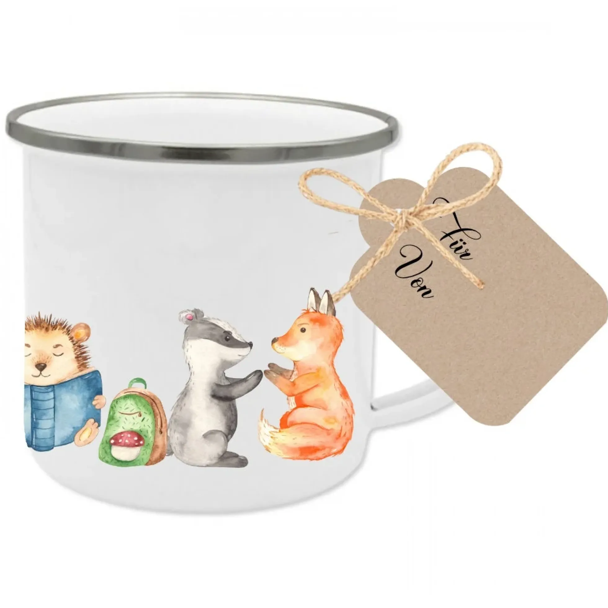 Tasse zur Einschulung mit dem Namen des Schulkindes | Niedliche Waldtiere mit Schultafel und Name des Kindes | Inkl. Geschenkanhänger zum Schulanfang