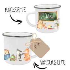 Tasse zur Einschulung mit dem Namen des Schulkindes | Niedliche Waldtiere mit Schultafel und Name des Kindes | Inkl. Geschenkanhänger zum Schulanfang