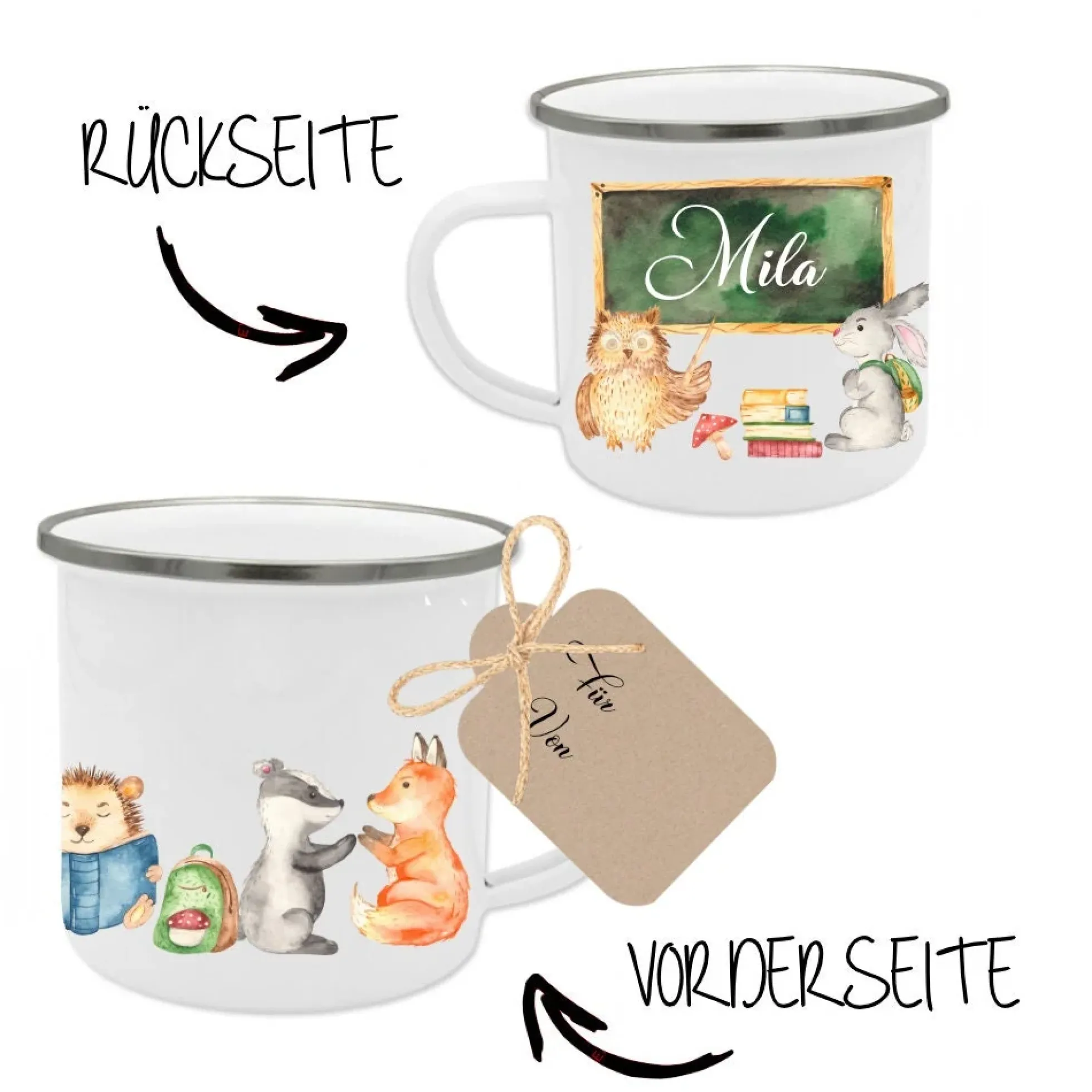 Tasse zur Einschulung mit dem Namen des Schulkindes | Niedliche Waldtiere mit Schultafel und Name des Kindes | Inkl. Geschenkanhänger zum Schulanfang