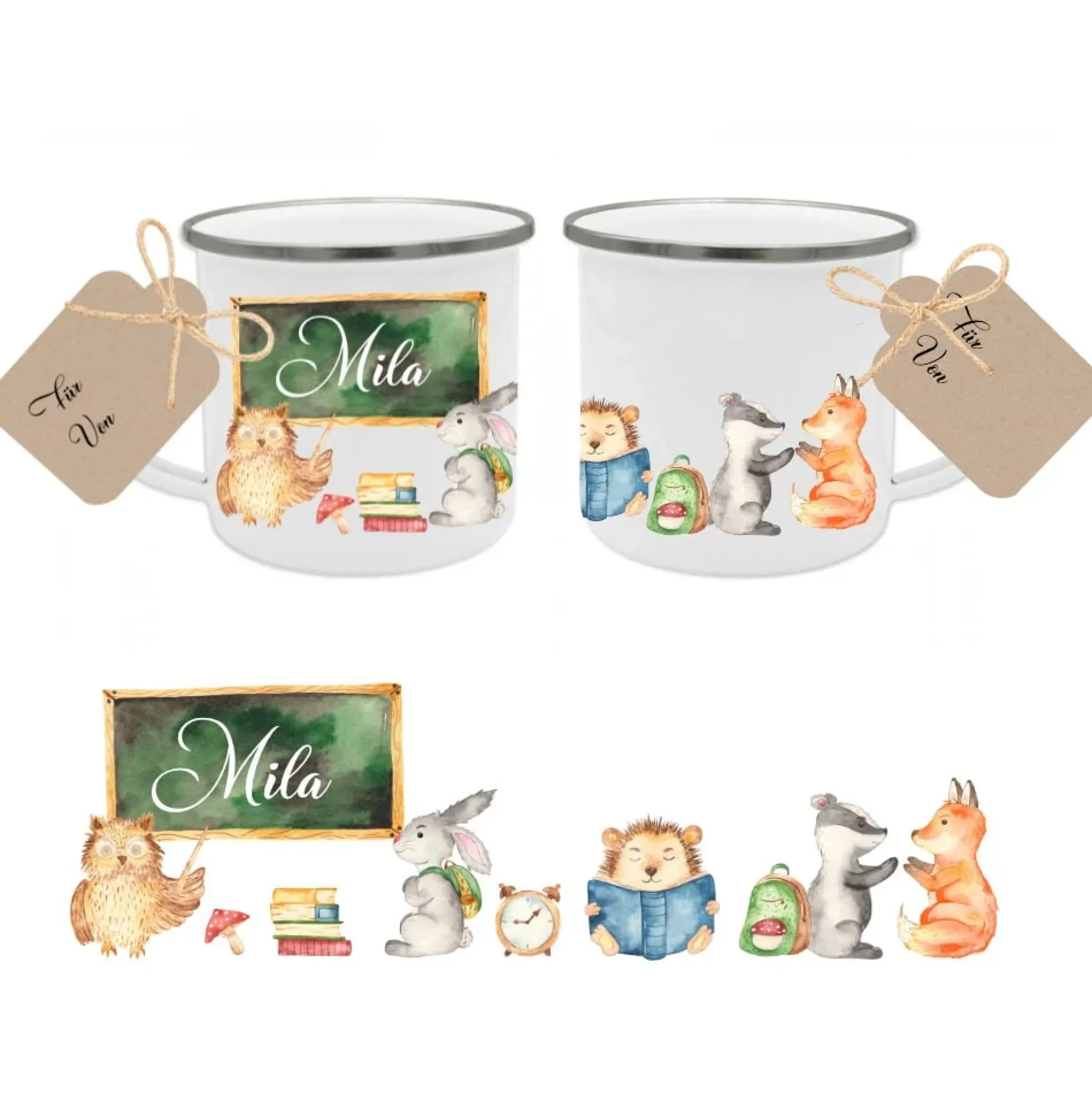 Tasse zur Einschulung mit dem Namen des Schulkindes | Niedliche Waldtiere mit Schultafel und Name des Kindes | Inkl. Geschenkanhänger zum Schulanfang
