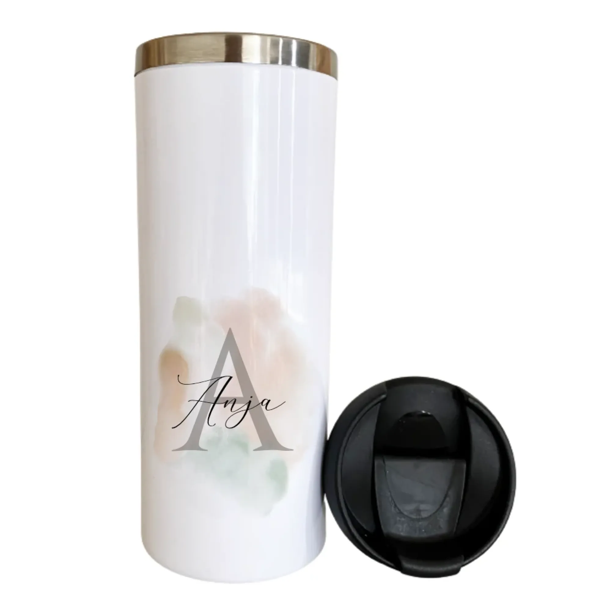 Thermobecher für warme und kalte Getränke | Motiv: Aquarell | Kaffeebecher für unterwegs aus Edelstahl | Personalisiert mit Anfangsbuchstaben Namen, Coffee to go Isolierbecher I für Frauen und Teenager