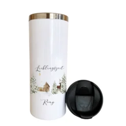 Thermobecher "Lieblingszeit" mit Namen und weihnachtlichem Motiv | Coffee to go Thermobecher aus Edelstahl in Weiß für Weihnachten und Winter