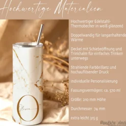 Thermobecher personalisiert 20 oz – Edelstahl Kaffeebecher to go mit Strohhalm, Doppelwandig, Geschenk für Frauen, Beste Freundin Geschenk