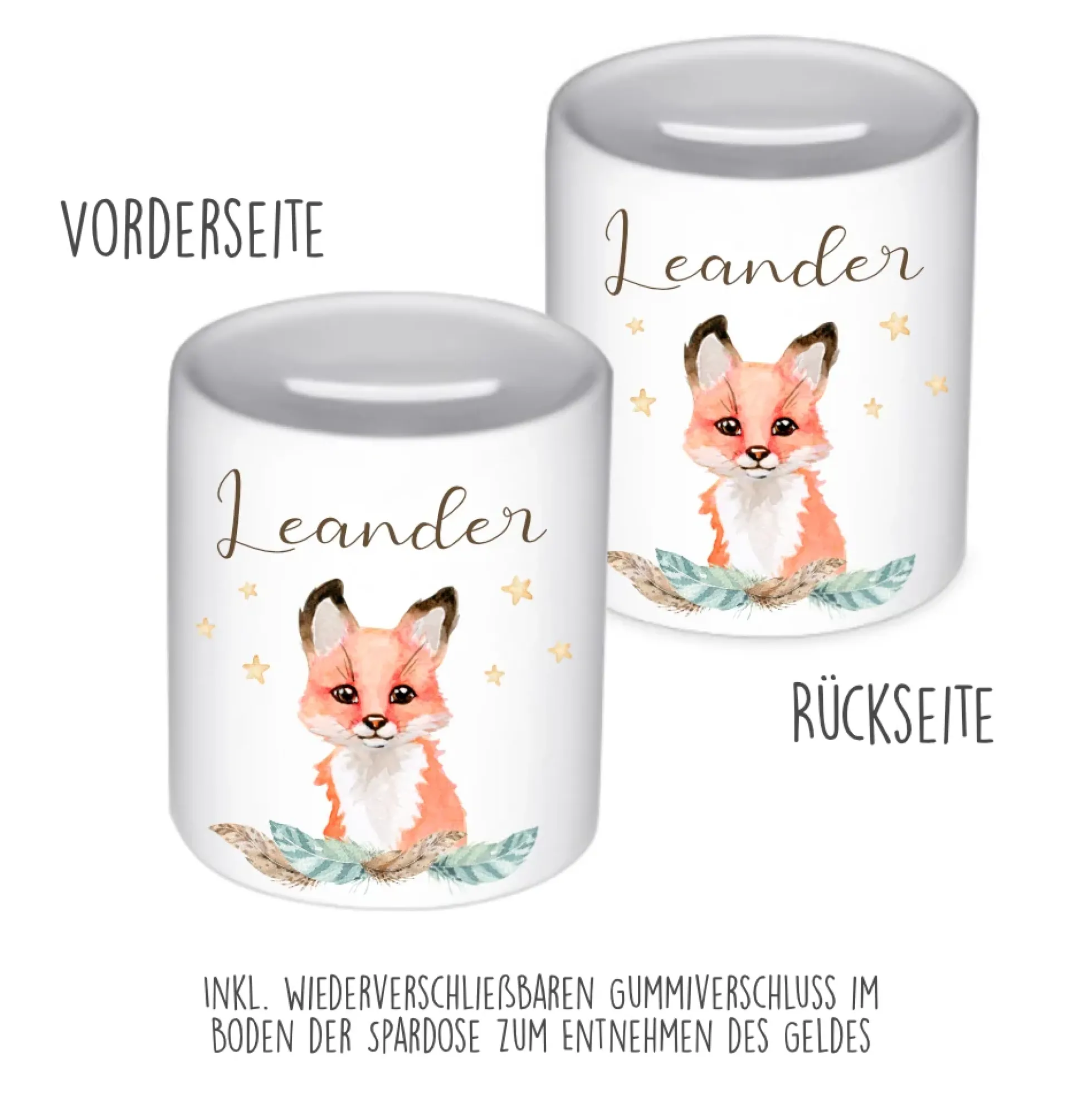 Tiermotiv Spardose Fuchs mit Namen für Kinder | Personalisiertes Geschenk für Mädchen u. Jungen | Originelles Geldgeschenk u. handgefertigte Geschenkidee | 11 Motive zur Auswahl