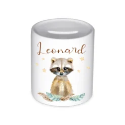 Tiermotiv Spardose Waschbär mit Namen für Kinder | Personalisiertes Geschenk für Mädchen u. Jungen | Originelles Geldgeschenk u. handgefertigte Geschenkidee | 11 Motive zur Auswahl