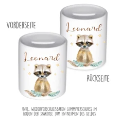 Tiermotiv Spardose Waschbär mit Namen für Kinder | Personalisiertes Geschenk für Mädchen u. Jungen | Originelles Geldgeschenk u. handgefertigte Geschenkidee | 11 Motive zur Auswahl