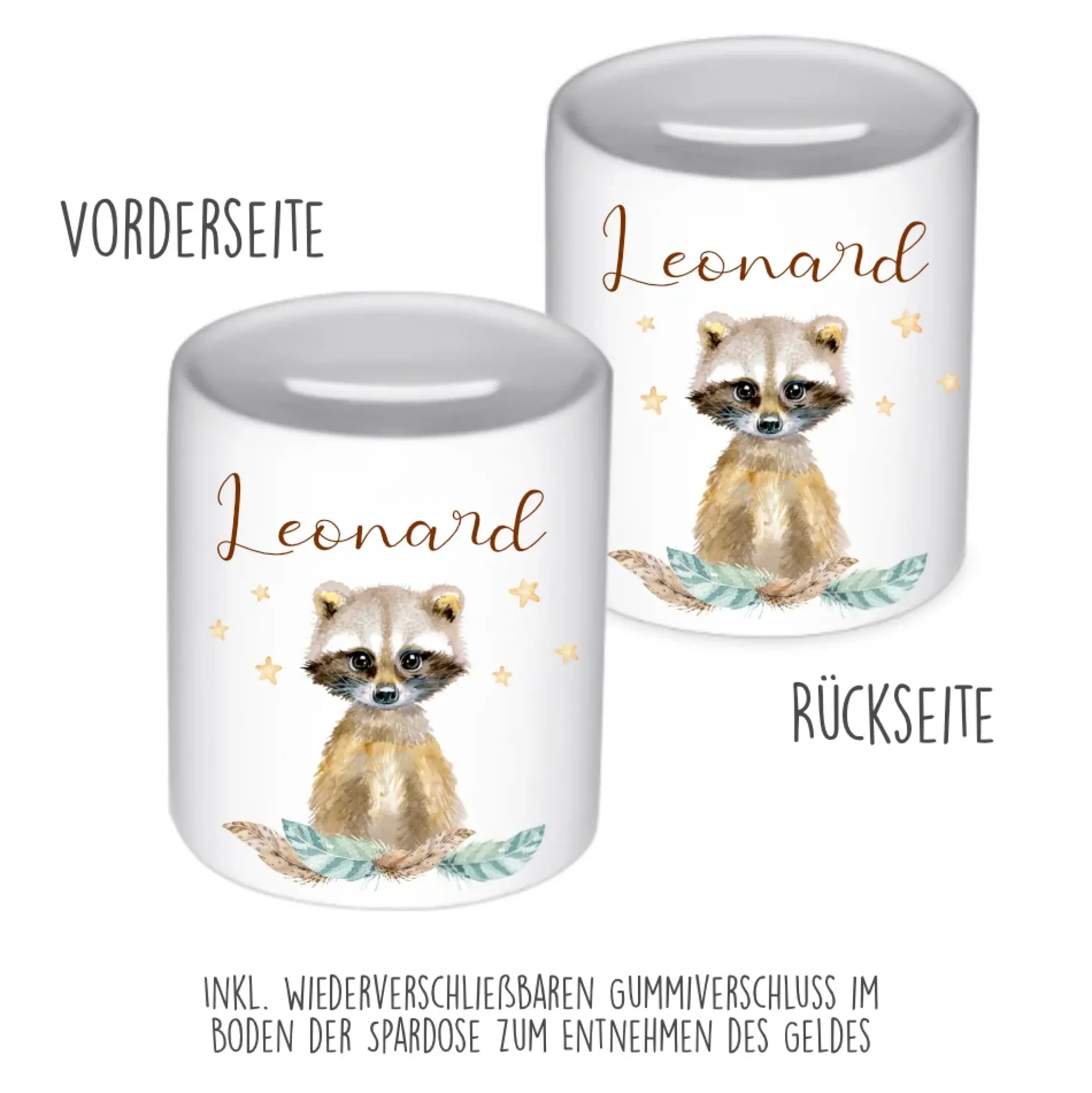 Tiermotiv Spardose Waschbär mit Namen für Kinder | Personalisiertes Geschenk für Mädchen u. Jungen | Originelles Geldgeschenk u. handgefertigte Geschenkidee | 11 Motive zur Auswahl