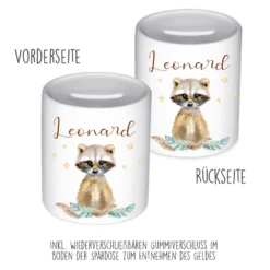 Tiermotiv Spardose Waschbär mit Namen für Kinder | Personalisiertes Geschenk für Mädchen u. Jungen | Originelles Geldgeschenk u. handgefertigte Geschenkidee | 11 Motive zur Auswahl