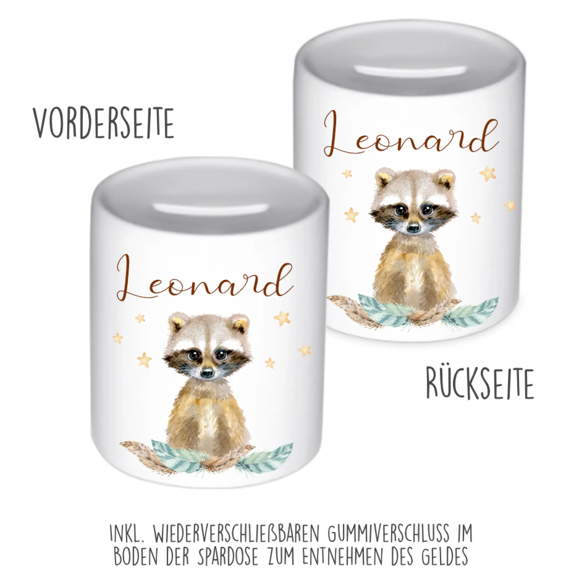 Tiermotiv Spardose Waschbär mit Namen für Kinder | Personalisiertes Geschenk für Mädchen u. Jungen | Originelles Geldgeschenk u. handgefertigte Geschenkidee | 11 Motive zur Auswahl