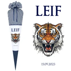 Tiger Stoff Schultüte in blau für Jungen mit Namen Dschungel Tier Zuckertüte personalisierte Einschulungstüte Einschulungsdatum 70 cm | Optional mit Füllkissen und Spitzenschutz