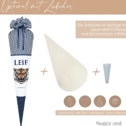 Tiger Stoff Schultüte in blau für Jungen mit Namen Dschungel Tier Zuckertüte personalisierte Einschulungstüte Einschulungsdatum 70 cm | Optional mit Füllkissen und Spitzenschutz