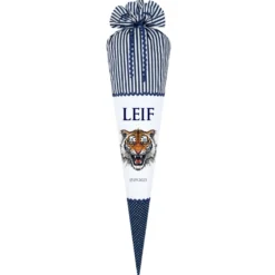 Tiger Stoff Schultüte in blau für Jungen mit Namen Dschungel Tier Zuckertüte personalisierte Einschulungstüte Einschulungsdatum 70 cm | Optional mit Füllkissen und Spitzenschutz