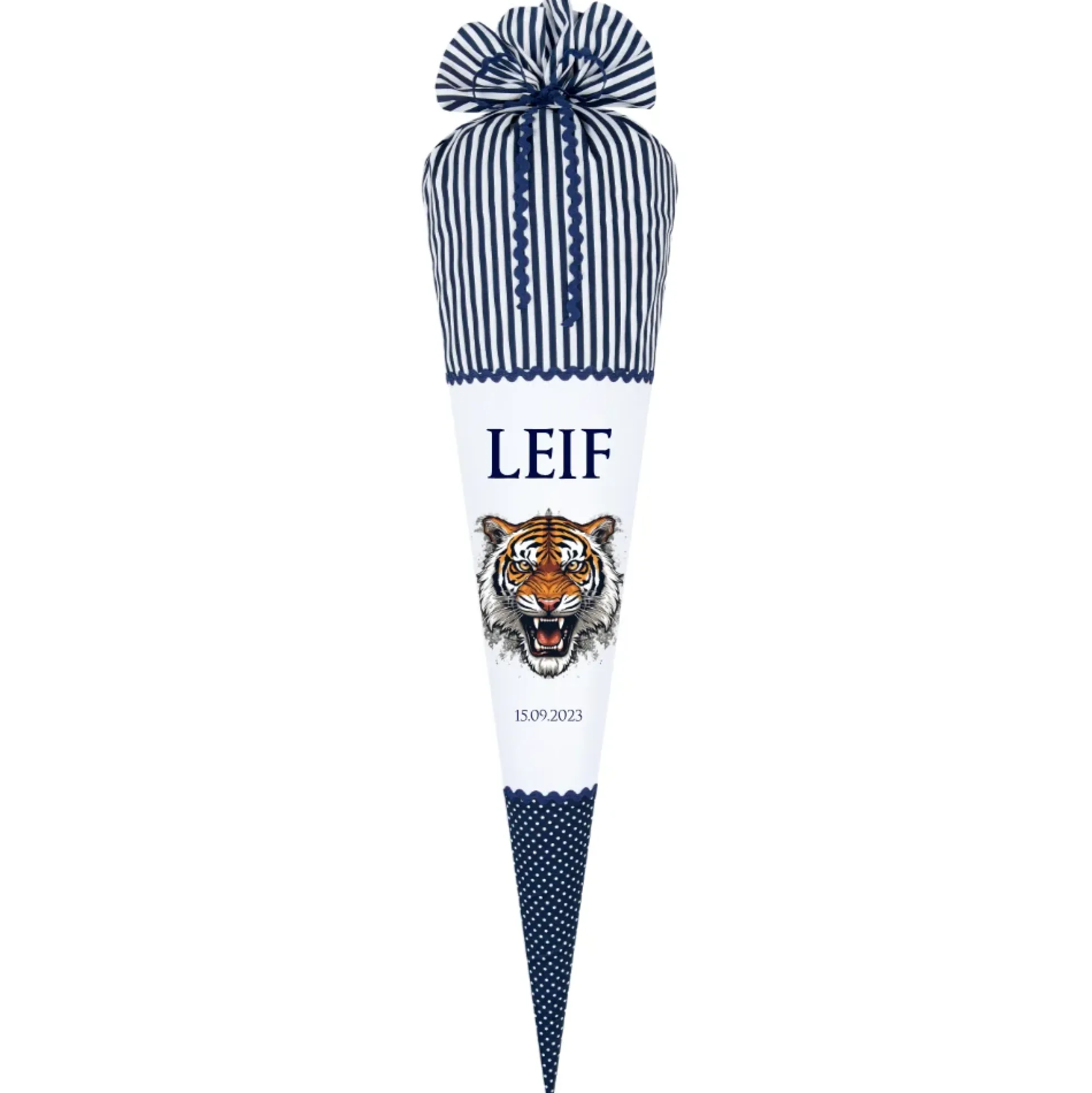 Tiger Stoff Schultüte in blau für Jungen mit Namen Dschungel Tier Zuckertüte personalisierte Einschulungstüte Einschulungsdatum 70 cm | Optional mit Füllkissen und Spitzenschutz