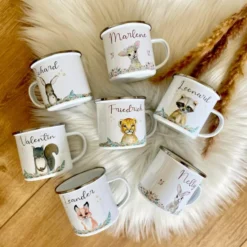 Tolle Waldtier Tasse Eichhörnchen mit Namen des Kindes | Emaille Trinkbecher für Mädchen u. Jungen I Personalisierte Kindertasse als besonderes Geschenk | 7 Motivvarianten zur Auswahl