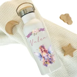 Trinkflasche "Elfe - Fee" für Mädchen mit Namen personalisiert | Thermosflasche aus Edelstahl mit Bambusdeckel für Kinder Teenager Schule Kita 500ml