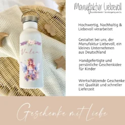 Trinkflasche "Elfe - Fee" für Mädchen mit Namen personalisiert | Thermosflasche aus Edelstahl mit Bambusdeckel für Kinder Teenager Schule Kita 500ml