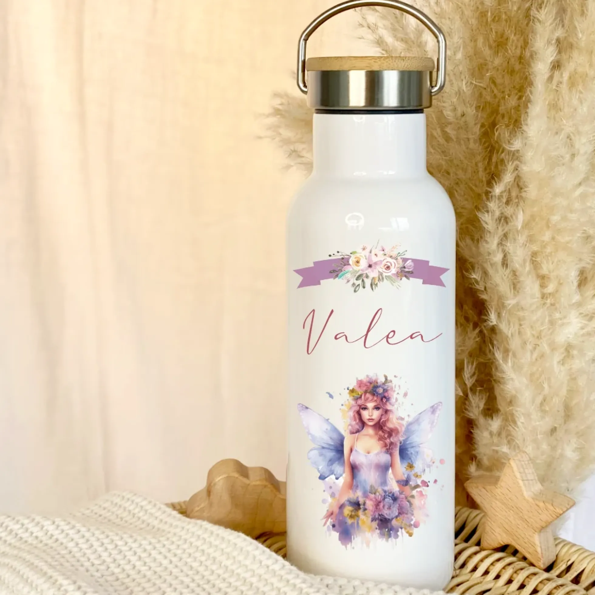 Trinkflasche "Elfe - Fee" für Mädchen mit Namen personalisiert | Thermosflasche aus Edelstahl mit Bambusdeckel für Kinder Teenager Schule Kita 500ml