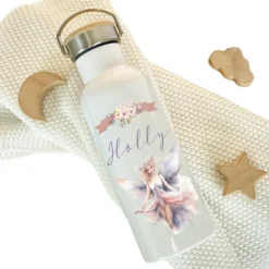 Trinkflasche "Elfen Fee" für Mädchen personalisiert mit Namen | Thermosflasche aus Edelstahl mit Bambusdeckel für Kinder Teenager Schule Kita 500ml