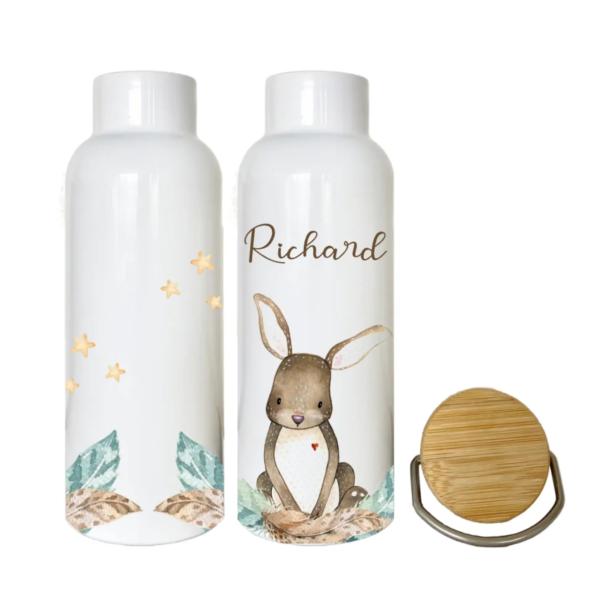 Trinkflasche "Hase" mit Namen für Kinder personalisiert | Kindertrinkflasche für Mädchen u. Jungen mit Tiermotiv | Thermosflasche aus Edelstahl | 500ml | 11 Motivvarianten zur Auswahl