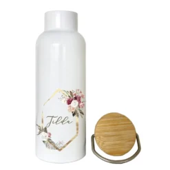 Trinkflasche mit Blumenkranz u. Namen im Boho Stil| Personalisiertes Geschenk | 500 ml Isolierflasche aus Edelstahl mit Bambusdeckel |  Als Set verfügbar mit Brotdose