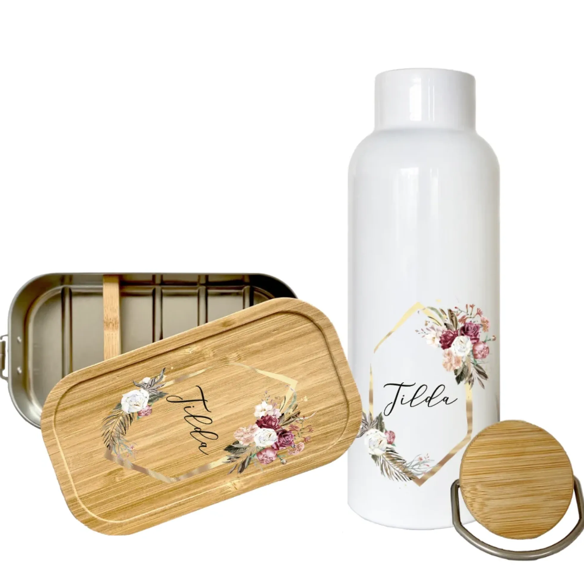 Trinkflasche mit Blumenkranz u. Namen im Boho Stil| Personalisiertes Geschenk | 500 ml Isolierflasche aus Edelstahl mit Bambusdeckel | Als Set verfügbar mit Brotdose