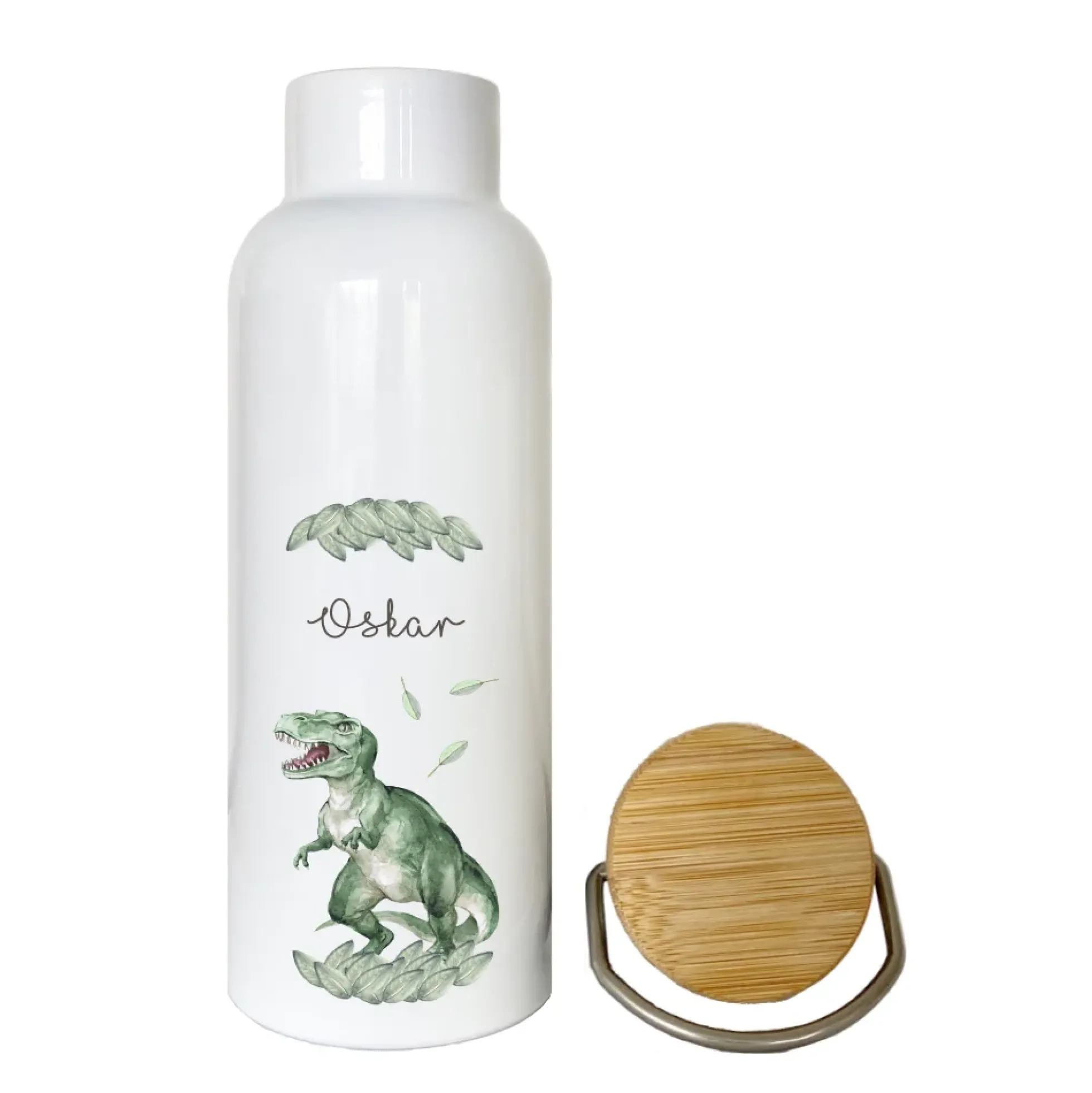 Trinkflasche mit Dino u. Namen für Kinder | Personalisiertes Geschenk für Mädchen u. Jungen mit Dinosaurier| 500 ml Isolierflasche aus Edelstahl mit Bambusdeckel | Als Set verfügbar mit Brotdose