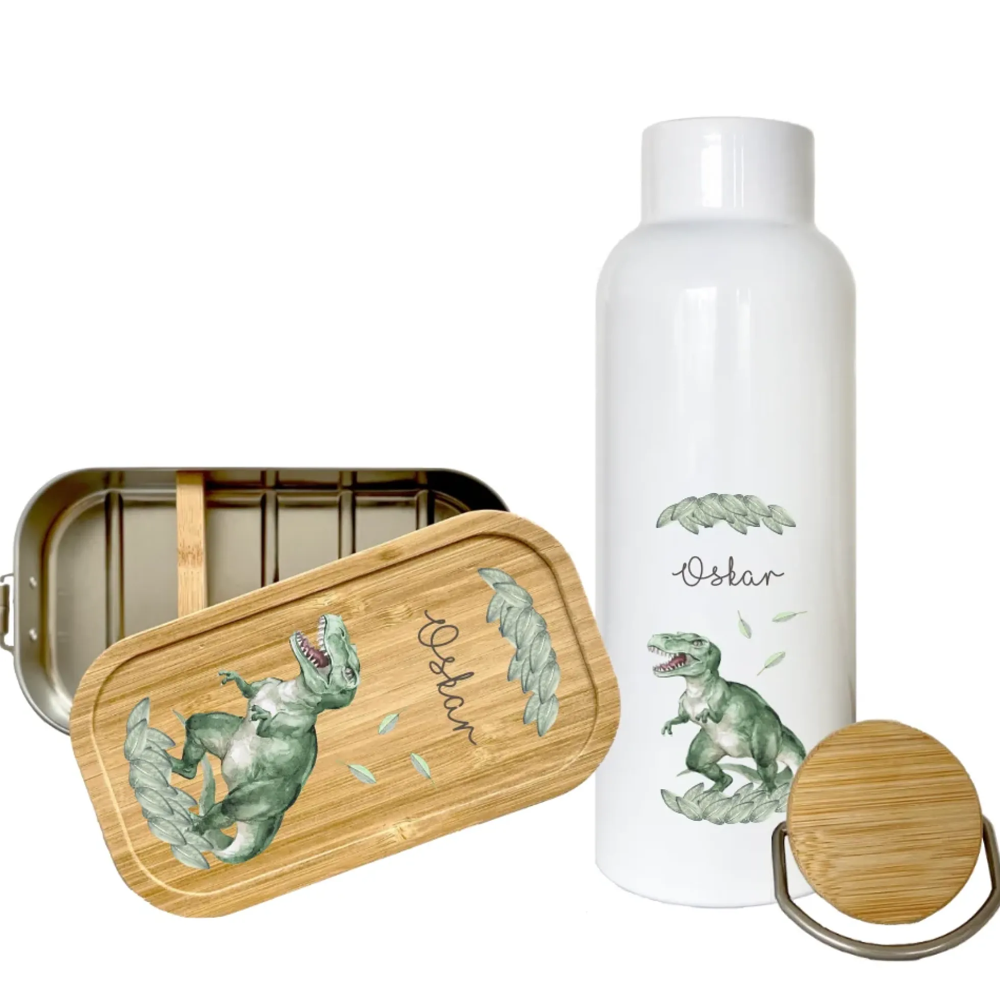 Trinkflasche mit Dino u. Namen für Kinder | Personalisiertes Geschenk für Mädchen u. Jungen mit Dinosaurier| 500 ml Isolierflasche aus Edelstahl mit Bambusdeckel | Als Set verfügbar mit Brotdose