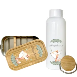 Trinkflasche mit Fuchs u. Namen für Kinder | Personalisiertes Geschenk für Mädchen u. Jungen | 500 ml Isolierflasche aus Edelstahl mit Bambusdeckel |  Als Set verfügbar mit Brotdose