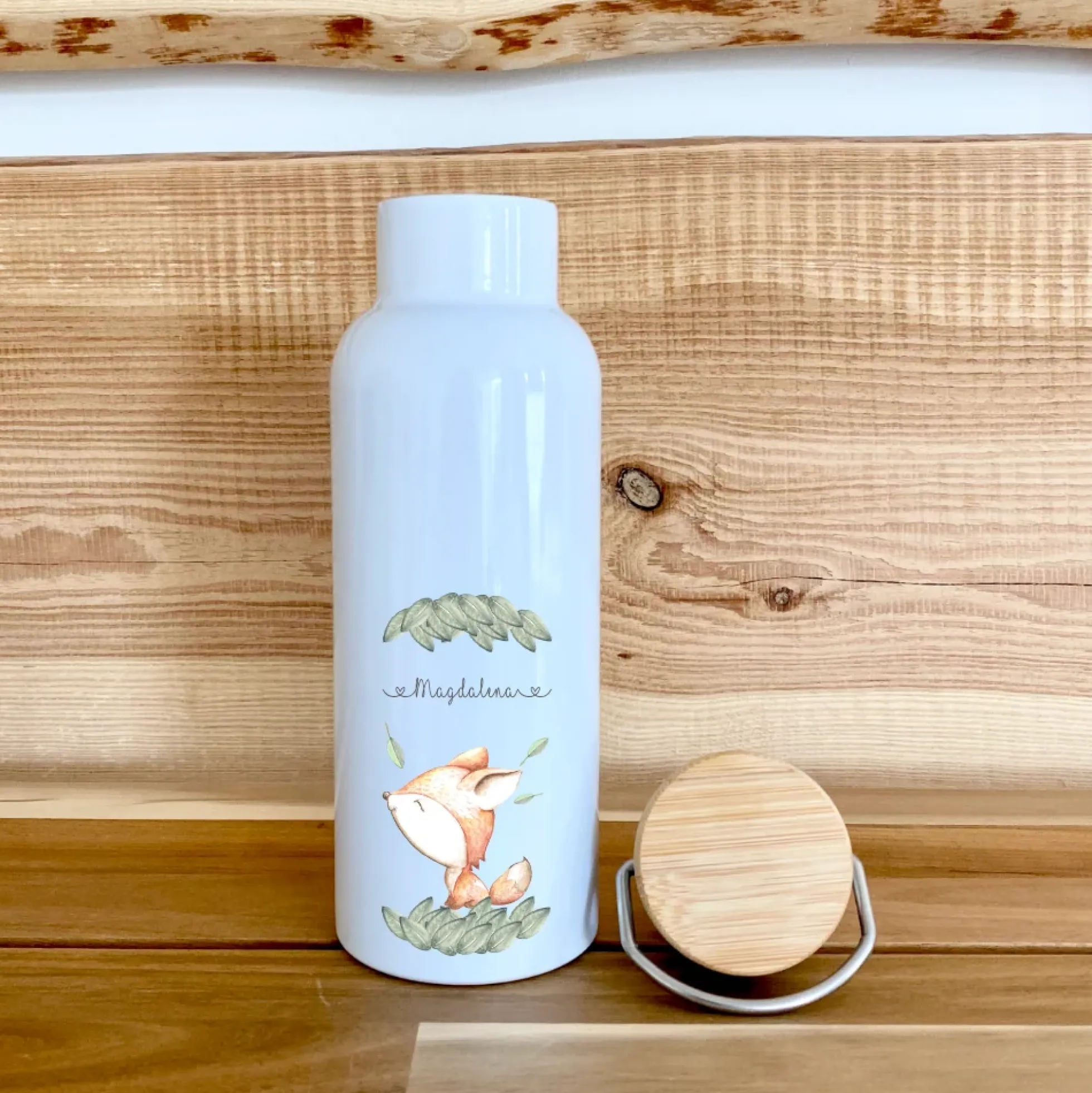 Trinkflasche mit Fuchs u. Namen für Kinder | Personalisiertes Geschenk für Mädchen u. Jungen | 500 ml Isolierflasche aus Edelstahl mit Bambusdeckel | Als Set verfügbar mit Brotdose