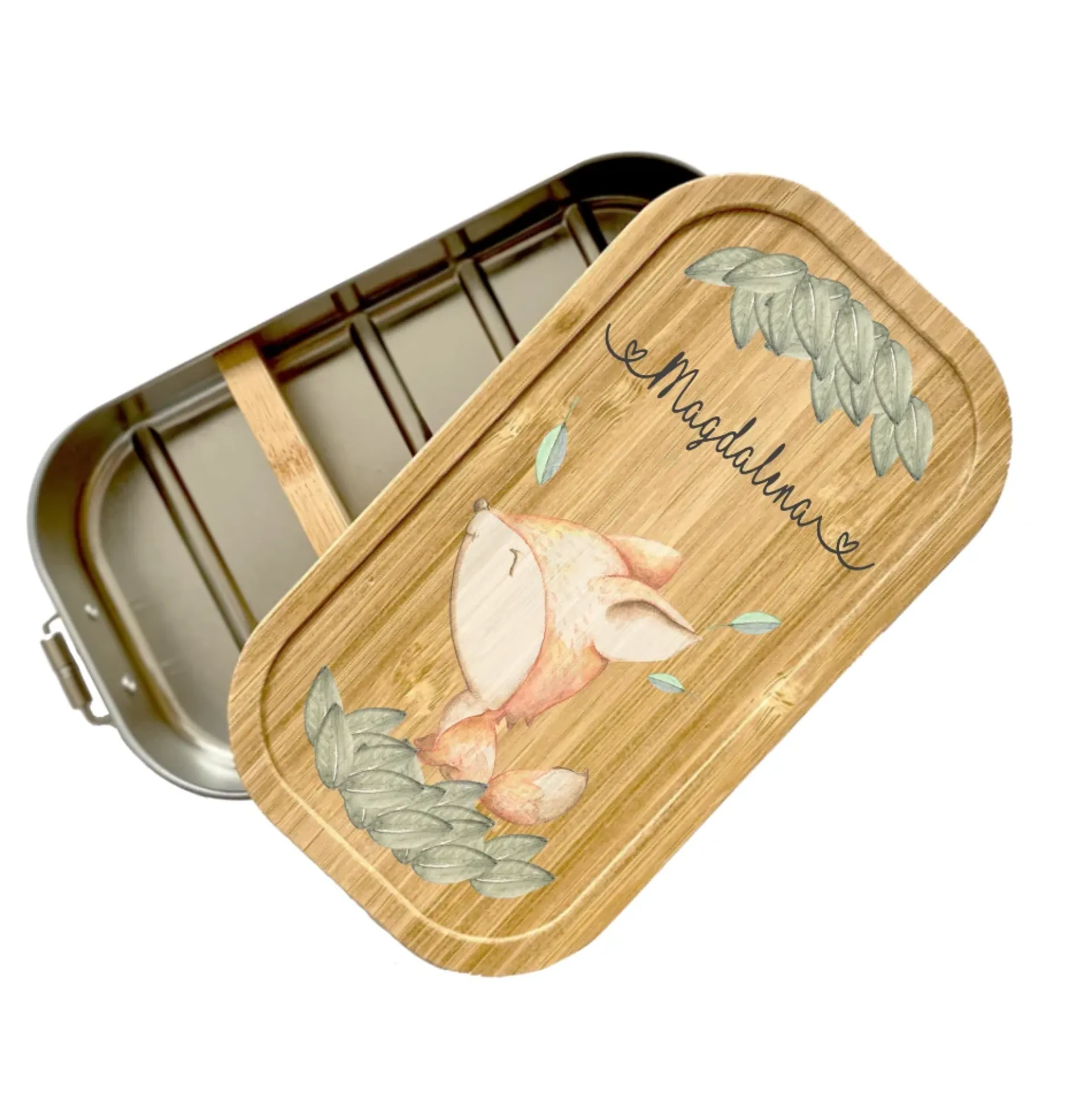 Trinkflasche mit Fuchs u. Namen für Kinder | Personalisiertes Geschenk für Mädchen u. Jungen | 500 ml Isolierflasche aus Edelstahl mit Bambusdeckel | Als Set verfügbar mit Brotdose