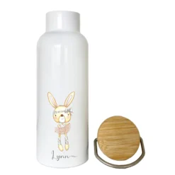 Trinkflasche mit Hasen u. Namen für Kinder | Personalisiertes Geschenk für Mädchen u. Jungen mit Häschen | 500 ml Isolierflasche aus Edelstahl mit Bambusdeckel | Als Set verfügbar mit Brotdose