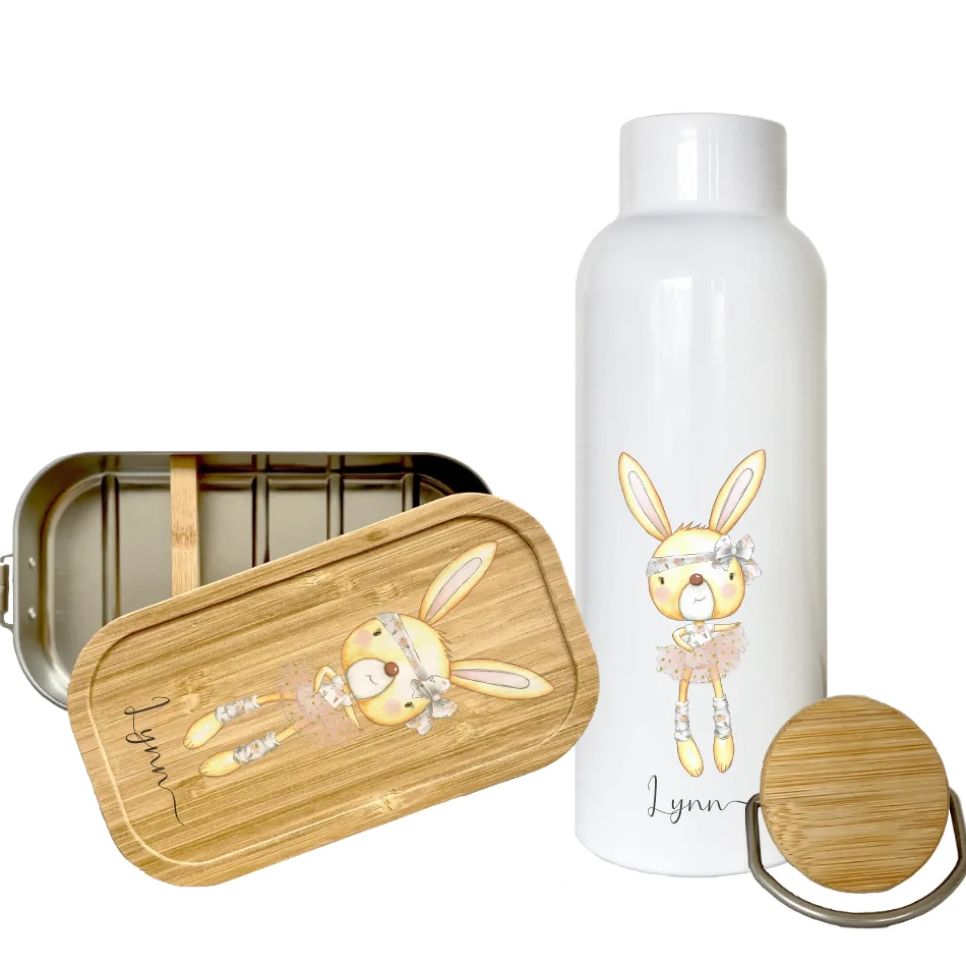 Trinkflasche mit Hasen u. Namen für Kinder | Personalisiertes Geschenk für Mädchen u. Jungen mit Häschen | 500 ml Isolierflasche aus Edelstahl mit Bambusdeckel | Als Set verfügbar mit Brotdose