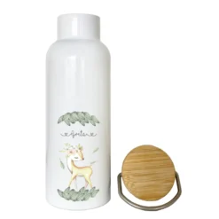Trinkflasche mit mit Reh u. Namen für Kinder | Personalisiertes Geschenk für Mädchen | 500 ml Isolierflasche aus Edelstahl mit Bambusdeckel | Als Set verfügbar mit Brotdose