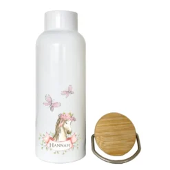Trinkflasche mit Pony u. Namen für Kinder | Personalisiertes Geschenk für Mädchen u. Jungen mit Pferd | 500 ml Isolierflasche aus Edelstahl mit Bambusdeckel | Als Set verfügbar mit Brotdose