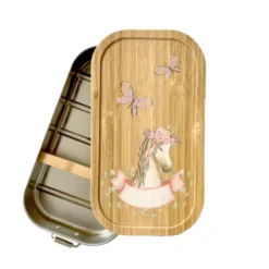 Trinkflasche mit Pony u. Namen für Kinder | Personalisiertes Geschenk für Mädchen u. Jungen mit Pferd | 500 ml Isolierflasche aus Edelstahl mit Bambusdeckel |  Als Set verfügbar mit Brotdose