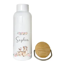 Trinkflasche mit Rehkitz u. Namen für Mädchen | Personalisiertes Geschenk für Kinder | 500 ml Isolierflasche aus Edelstahl mit Bambusdeckel | Als Set verfügbar mit Brotdose