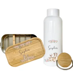 Trinkflasche mit Rehkitz u. Namen für Mädchen | Personalisiertes Geschenk für Kinder | 500 ml Isolierflasche aus Edelstahl mit Bambusdeckel |  Als Set verfügbar mit Brotdose