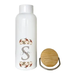 Trinkflasche "Monogram" mit Namen | Personalisiertes Geschenk mit Namen und Buchstaben | 500 ml Isolierflasche aus Edelstahl mit Bambusdeckel |  Als Set verfügbar mit Brotdose