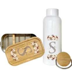 Trinkflasche "Monogram" mit Namen | Personalisiertes Geschenk mit Namen und Buchstaben | 500 ml Isolierflasche aus Edelstahl mit Bambusdeckel |  Als Set verfügbar mit Brotdose
