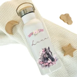 Trinkflasche "Pferd" für Kinder mit Namen personalisiert | Thermosflasche aus Edelstahl mit Bambusdeckel für Mädchen Teenager | 500ml