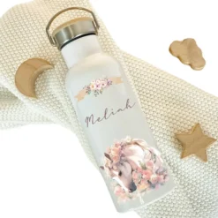 Trinkflasche "Pony" für Kinder mit Namen personalisiert | Pferde Thermosflasche aus Edelstahl mit Bambusdeckel für Mädchen Teenager | 500ml