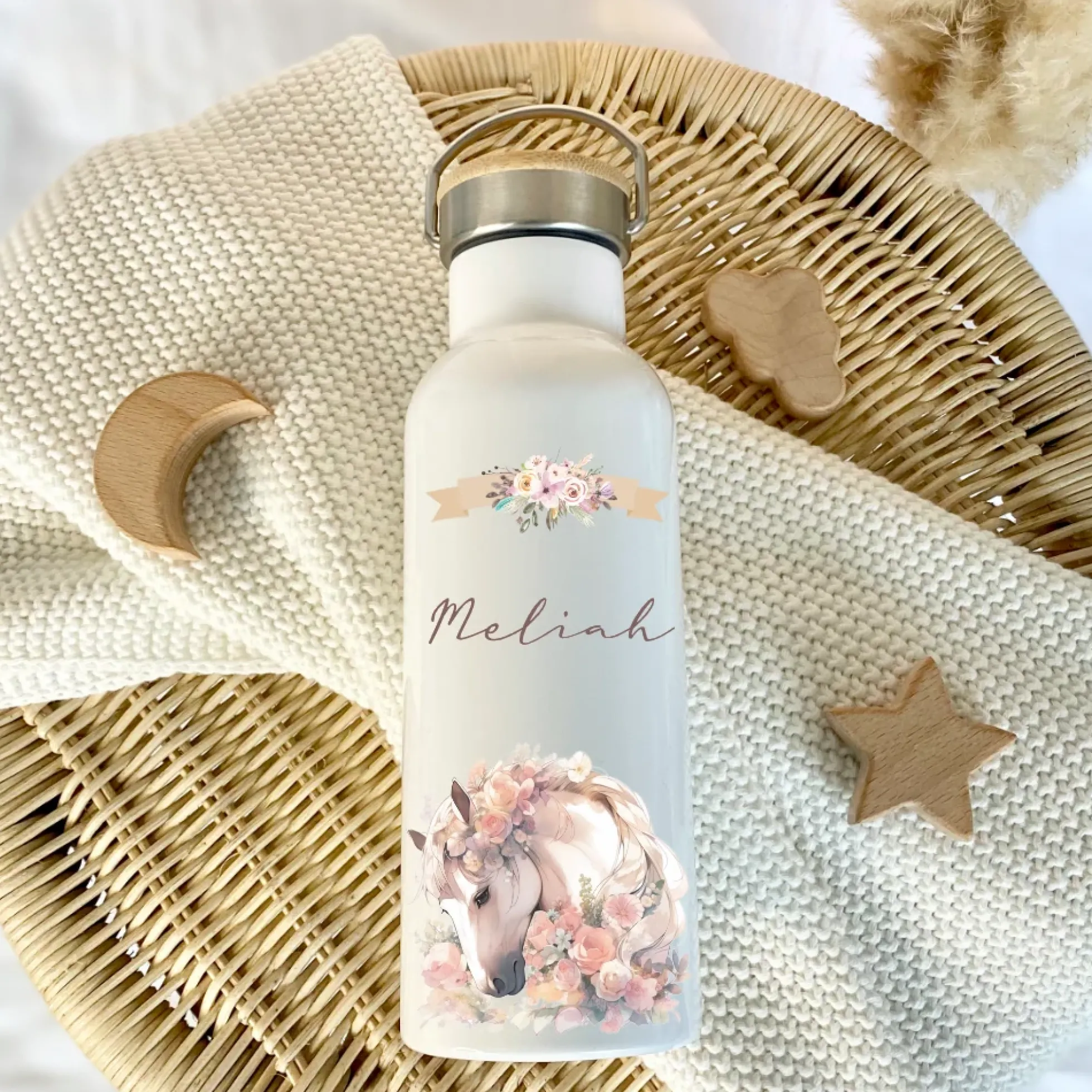 Trinkflasche "Pony" für Kinder mit Namen personalisiert | Pferde Thermosflasche aus Edelstahl mit Bambusdeckel für Mädchen Teenager | 500ml