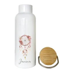 Trinkflasche "Traumfänger" mit Namen | Personalisiertes Geschenk | 500 ml Isolierflasche aus Edelstahl mit Bambusdeckel |  Als Set verfügbar mit Brotdose