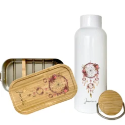 Trinkflasche "Traumfänger" mit Namen | Personalisiertes Geschenk | 500 ml Isolierflasche aus Edelstahl mit Bambusdeckel |  Als Set verfügbar mit Brotdose