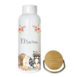 Trinkflasche u. Brotdose "Boho Tiere" mit Namen für Kinder | Personalisiertes Geschenk | 500 ml Wasserflasche aus Edelstahl mit Bambusdeckel