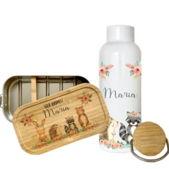 Trinkflasche u. Brotdose "Boho Tiere" mit Namen für Kinder | Personalisiertes Geschenk | 500 ml Wasserflasche aus Edelstahl mit Bambusdeckel